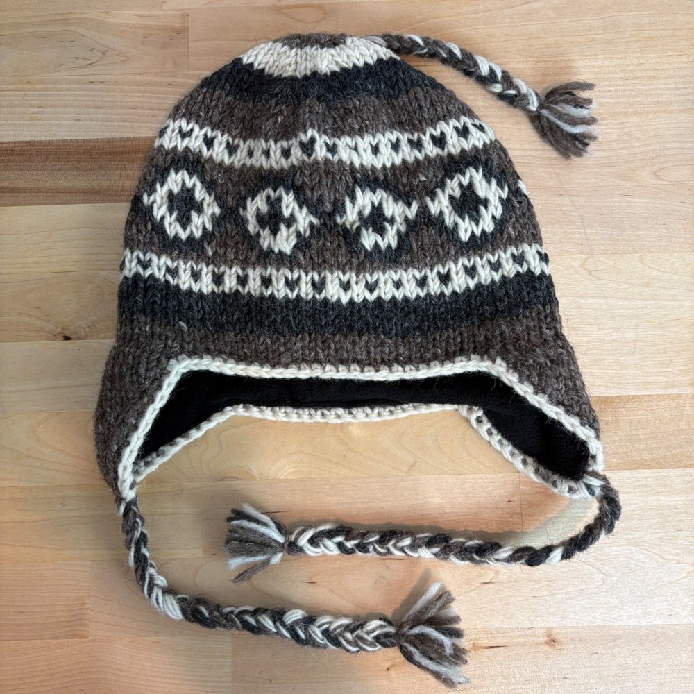 Unisex Hand Knit Sherpa Wool Earflap Beanie Hat Made in Nepal Fleece Lined Brown